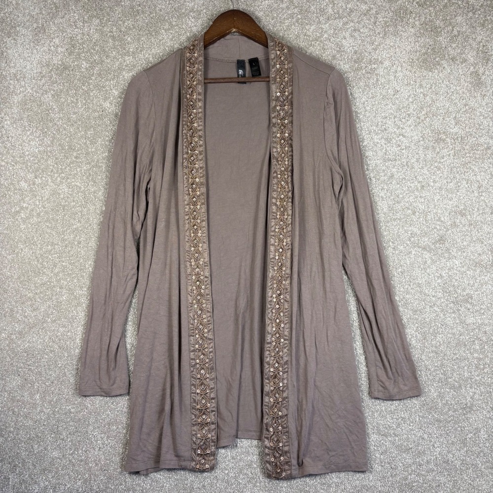 BKE Boutique Taupe Embellished Beaded Open Front Cardigan Large Long Sleeve